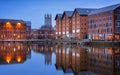 Gloucester docks and Cathedral reflected in the quay on Sharpness at twilight Royalty Free Stock Photo