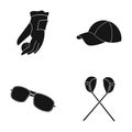 A glove for playing golf with a ball, a red cap, sunglasses, two clubs. Golf Club set collection icons in black style Royalty Free Stock Photo