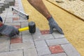 A gloved craftsman lays paving stones in layers. Brick paving slabs for professional use. Laying gray concrete paving slabs in the Royalty Free Stock Photo