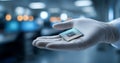Close-up of gloved hand holding a computer microchip in a modern laboratory with blurred background and soft lighting Royalty Free Stock Photo