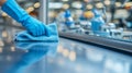 Gloved hand cleaning glass surface with blue cloth in industrial setting Royalty Free Stock Photo