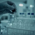Gloved Hand Dispensing Liquid into Test Tubes on Laboratory Bench Royalty Free Stock Photo