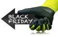 Gloved Hand Holding a Black Friday Directional Sign Isolated on White Royalty Free Stock Photo