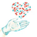 A gloved hand is holding a heart of pills. Watercolor illustration. Isolated on a white background. Royalty Free Stock Photo