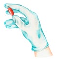 A gloved hand is holding a pill. Watercolor illustration. Isolated on a white background. Royalty Free Stock Photo