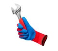 Gloved hand holding a sliding wrench isolated on a white background Royalty Free Stock Photo