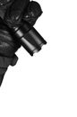 Gloved Hand Holding Tactical Flashlight, Bright Light Emiting Brightly Lit, Serrated Strike Bezel, Black Grain Leather Glove