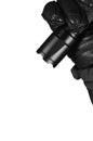 Gloved Hand Holding Tactical Flashlight, Bright Light Emiting Brightly Lit, Serrated Strike Bezel, Black Grain Leather Glove