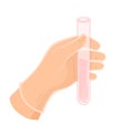 A gloved hand holds a chemical flask. Hand holding a test-tube. Medical test Royalty Free Stock Photo