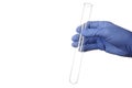 Gloved Hand Holds Empty Test Tube - Isolated Photo on a White Background