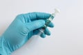 Gloved hand holds a syringe with a filter, containing a sample solution Royalty Free Stock Photo
