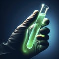 A gloved hand holds a test tube with a green glowing liquid closeup on a blue background. ai generative