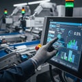 Gloved hand interacts with advanced industrial touchscreen displaying real time data and factory automation controls Royalty Free Stock Photo