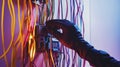 A gloved hand interacts with complex electrical circuitry against a vibrant multi-colored network of cables illuminated Royalty Free Stock Photo