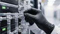 A technician adjusting a complex liquid cooling data center manifold Royalty Free Stock Photo