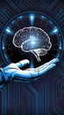 Gloved hand presents a digital brain with intricate circuitry against blue backdrop Royalty Free Stock Photo