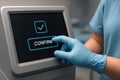 Gloved Hand Pressing A Confirm Button On A Touchscreen, generative ai Royalty Free Stock Photo