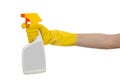 Gloved hand with spray bottle with copy space