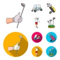 A gloved hand with a stick, a golf cart, a trolley bag with sticks in a bag, a man hammering with a stick. Golf Club set Royalty Free Stock Photo