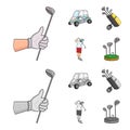 A gloved hand with a stick, a golf cart, a trolley bag with sticks in a bag, a man hammering with a stick. Golf Club set Royalty Free Stock Photo