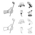 A gloved hand with a stick, a golf cart, a trolley bag with sticks in a bag, a man hammering with a stick. Golf Club set Royalty Free Stock Photo