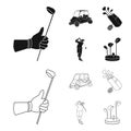 A gloved hand with a stick, a golf cart, a trolley bag with sticks in a bag, a man hammering with a stick. Golf Club set Royalty Free Stock Photo