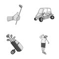 A gloved hand with a stick, a golf cart, a trolley bag with sticks in a bag, a man hammering with a stick. Golf Club set Royalty Free Stock Photo