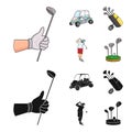 A gloved hand with a stick, a golf cart, a trolley bag with sticks in a bag, a man hammering with a stick. Golf Club set Royalty Free Stock Photo