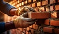 Gloved Hands of a Bricklayer Laying a Clay Brick on Brick Wall Under Construction - Generative Ai Royalty Free Stock Photo