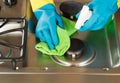 Gloved Hands Cleaning Stove Top Range with Spray bottle and Microfiber Rag Royalty Free Stock Photo