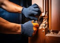 Gloved hands forcefully break down a wooden door Generative AI Royalty Free Stock Photo