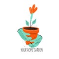 Gloved hands hold a pot with a seedling. Vector illustration on a white background Royalty Free Stock Photo