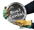 Gloved Hands Holding a Blackboard with text Boat Rental Royalty Free Stock Photo