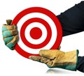 Gloved Hands Holding a Red and White Target Isolated on White Background Royalty Free Stock Photo