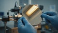 Gloved hands holding a silicon wafer in a laboratory environment symbolize high technology, innovation, and precision engineering Royalty Free Stock Photo