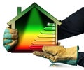 Gloved Hands Holding a Small Model House with the Energy Performance Chart