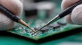 electronics repair technician focused on meticulous circuit board testing Ã¢â¬â macro style for quality control, Royalty Free Stock Photo