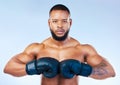 Gloves, boxing and portrait of a serious black man isolated on a blue background in studio. Ready, fitness and an Royalty Free Stock Photo