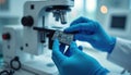 Gloves hold microchip near microscope. Scientist examines circuit board for research or tech inspection. Analysis of modern Royalty Free Stock Photo