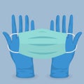 Gloves holding a disposable face mask. Coronavirus prevention.