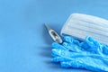 Gloves, mask and thermometer as a minimum set from any coronavirus, or any other virus, or flu. The medicine against the virus Royalty Free Stock Photo