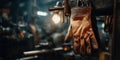 Work gloves hang in a workshop during late hours as tools and equipment fill the background Royalty Free Stock Photo