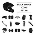 Gloves, suit, helmet, sneakers and other equipment. Cyclist outfit set collection icons in black style vector symbol