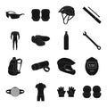 Gloves, suit, helmet, sneakers and other equipment. Cyclist outfit set collection icons in black style vector symbol