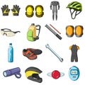 Gloves, suit, helmet, sneakers and other equipment. Cyclist outfit set collection icons in cartoon style vector symbol
