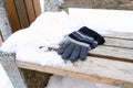 gloves on a wooden bench on a cold winter day