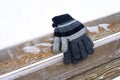 gloves on a wooden bench on a cold winter day