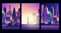 Glow city landscape. Cyberpunk style urban, futuristic neon skyscraper vector banners template