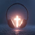 A glowing cross and headphones