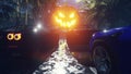 Night landscape with a mystical fog, rainy road, cars on the highway, glowing scary pumpkin on a foggy night in the